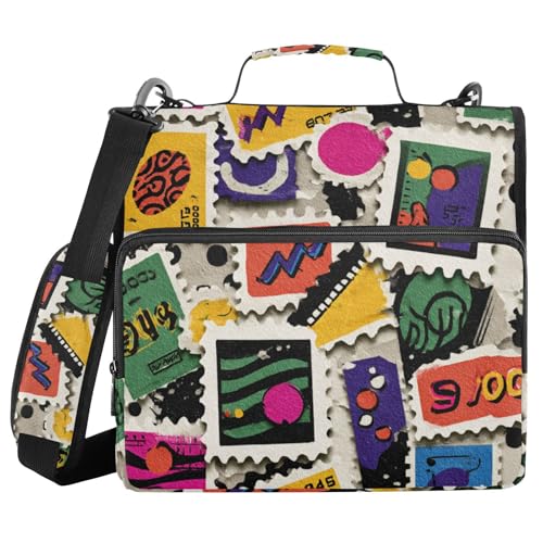 Retro-Stempel-Papierfragmente, bunt, 3,8 cm, 3-Ring-Ordner mit extra Taschen mit Schultergurt, mehrere Taschen, Dokumentenmappe, Organizer für Mittelschüler von voucong