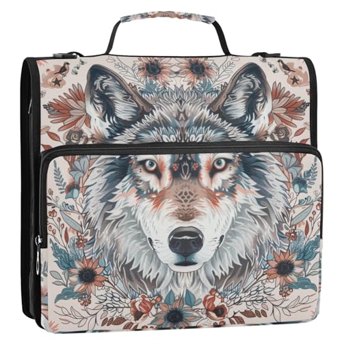 Ringbuch im Boho-Stil, Blumen-Wolf, 3 Ringe, 3,8 cm, Reißverschluss, mit Schultergurt und Griff, wasserdicht, Dokumenten-Organizer für Mittelschule von voucong
