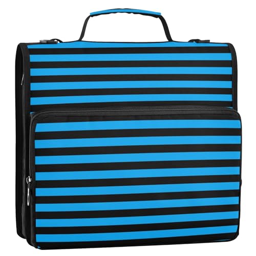 Ringbuch mit 3 Ringen, Reißverschluss mit Griff, mehrere Taschen, Schulbedarf, Organizer für Mittelschüler, Neonblau / Schwarz gestreift, 3,8 cm von voucong