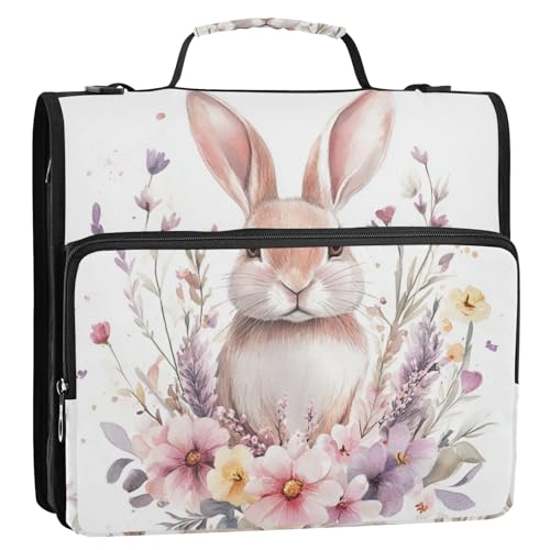 Ringbuch mit niedlichem Hasenblumen-Motiv, 3 Ringe, mit extra Taschen, mit Schultergurt und Griff, mehrere Taschen, Portfolio-Ordner für die Schule von voucong