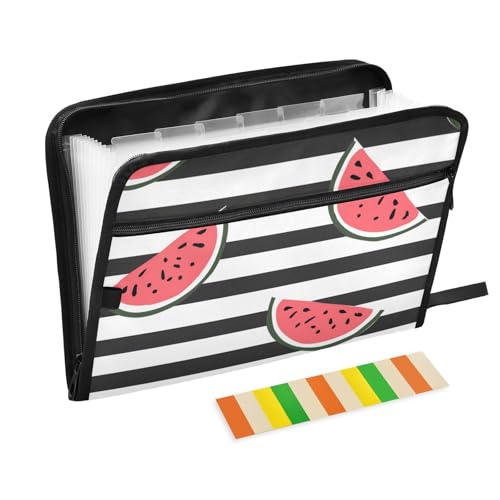 Schwarz-weiß gestreifte Wassermelonen-Hängemappe, erweiterbar, 13 Fächer, A4, Briefgröße mit Reißverschluss, für Aktenordner von voucong