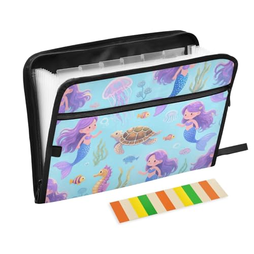 Süßer Cartoon-Meerjungfrau-Quallen-Organizer mit Taschen, 13 Taschen, A4, Briefgröße mit Reißverschluss, für Ordner mit Verschluss, Violett von voucong