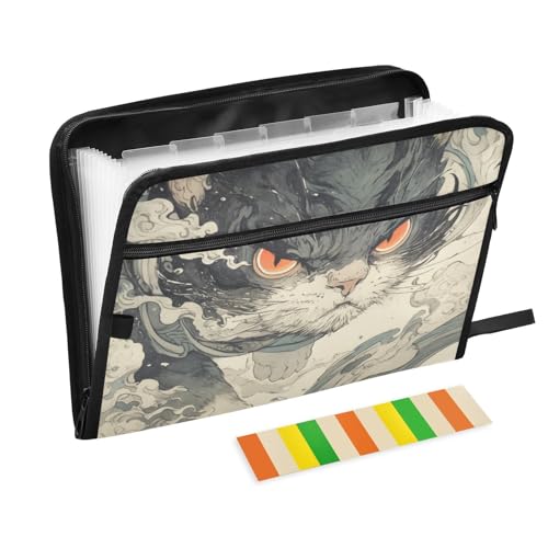 Ukiyo-e Cartoon-Akkordeon-Aktenordner, niedlich, grau, japanische Katze, 13 Taschen, A4, Briefgröße mit Reißverschluss, für Bürobedarf von voucong