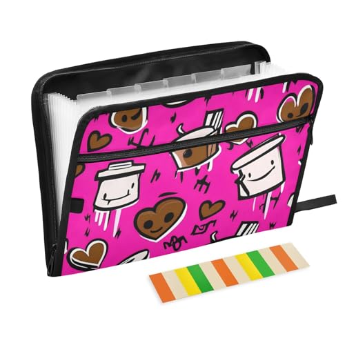 Valentine Cartoon Cups White Hearts File Folder Jackets 13 Pockets A4 Letter Size with Zipper Closure for Paperwork von voucong
