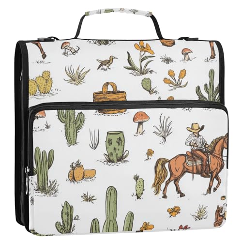 Western Cowboy Pferd Kaktus weiß 3,8 cm 3 Ringe Büroordner Organizer mit Griff inklusive Reißverschlusstasche Dokumentenmappe Organizer für Mittelschüler von voucong