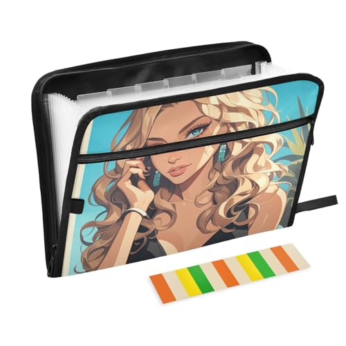 Zeichentrick-Dokumentenmappe, schöne Frau, verführerisch, erweiterbar, 13 Taschen, A4, Briefgröße mit Reißverschluss, für erweiterbaren Aktenordner von voucong