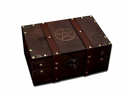 Truhe aus Holz und Leder, Holzkiste mit Pentagramm Gravur und Samtfutter, Aufbewahrungsbox für Wicca-Zubehör und Werkzeuge Aufbewahrungsbox von vuagmiv