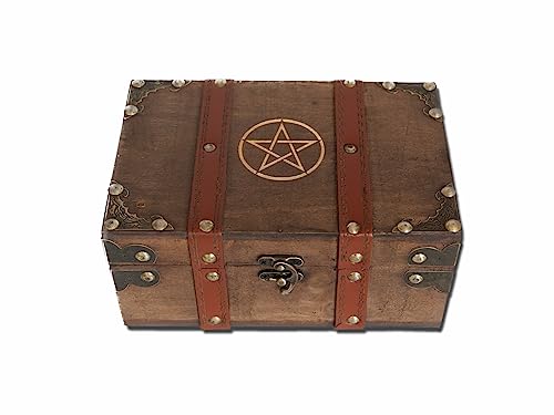 vuagmiv Holz- und Ledertruhe, Pentagramm-Gravur, Holzkiste mit Samtfutter, Pentagramm-Wicca-Zubehör und Werkzeug-Aufbewahrungsbox und Aufbewahrungsbox von vuagmiv