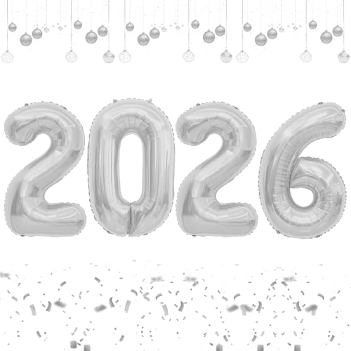 2026 Luftballons, Zahlenballons 40 Zoll, Silvester Folienballon 2026, Riesiger Abend Geburtstag Ballon für Happy New Years Festival Feier Party Dekoration Supplies, Silber von vueuKiGE