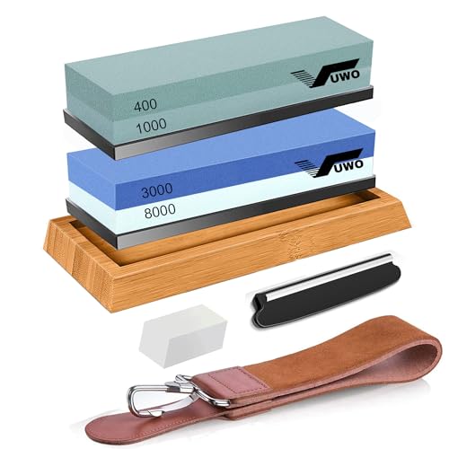 vuwo Schleifstein Set für Messer - Wetzstein Körnung 400/1000 3000/8000 Japanischer Abziehstein mit Bambusbasis, Flachstein, Winkelführung und Lederstreife, Silikonhalter vuwo Schleifstein Set für Messer - Wetzstein Körnung 400/1000 3000/8000 Japanischer Abziehstein mit Bambusbasis, Flachstein, Winkelführung und Lederstreife, Silikonhalter von vuwo