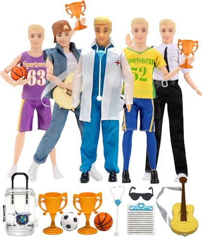 Walenbily 26 pcs Puppen Klamotten Accessoires Set 30 cm Fußball Kleidung Zubehör 5 Set Puppen Clothes Enthalten Fußballtrikot, Basketballtrikot、Pilot、Sänger、Arzt für 11.5 Zoll Puppen von walenbily