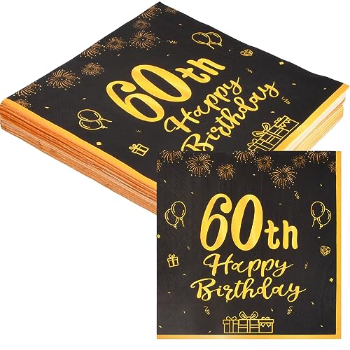 40 Stück 60th Happy Birthday Servietten Geburtstags, Schwarze Serviette Perfekt für Geburtstage/60.Jahrestage von Erwachsenen, Schwarze Papierservietten Party-Tischdeko Party Napkins (60th) von wangjiangda