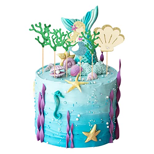 Glitzernde Meeresalgen Meerjungfrauen Cake Topper Geburtstag 12 Stk Happy Birthday Tortendeko Tortenaufsatz Kuchendeckel für Ozean Thema Party Baby Shower Dekorationen Lieferungen Hochzeit von wangjiangda