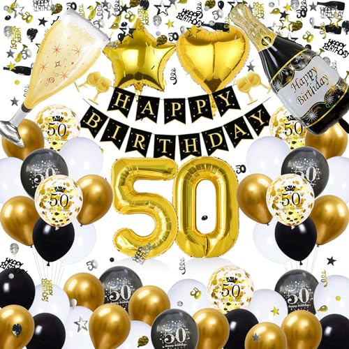 WAZIWE 50. Geburtstag Luftballons und Deko Set - Schwarz Gold für Mann und Frau - Konfetti und Streudeko von waziwe