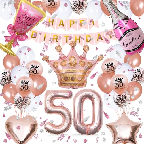 Waziwe Deko 50 Geburtstag Frau, 50. Geburtstagsballons in Verschiedenen Formen und Farben, Geburtstagsbanner und Tischdeko Machen Ihren Tag Unvergesslich von waziwe