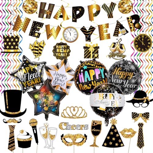 WAZIWE Silvester Deko 2025, Happy New Year Deko 2025, Deko Silvester Party 2025 umfasst Happy New Year Girlande、Luftschlangen Silvester、Tischdeko Silvester、Silvester Ballon、Hänge Dekoration WAZIWE Silvester Deko 2025, Happy New Year Deko 2025, Deko Silvester Party 2025 umfasst Happy New Year Girlande、Luftschlangen Silvester、Tischdeko Silvester、Silvester Ballon、Hänge Dekoration von waziwe