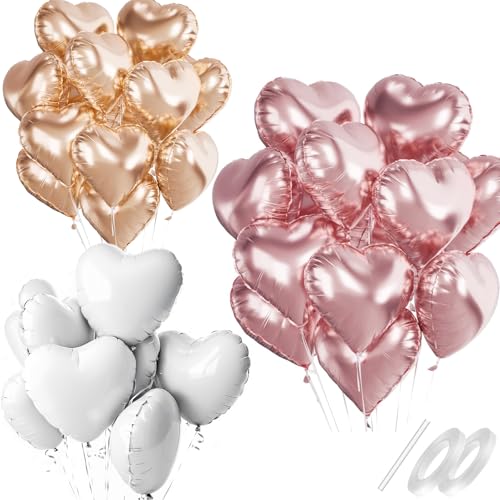 Waziwe [24 Stück] Herzluftballons Rosa Weiß Roségold • 18 Zoll Herz Folienballons Können mit Helium Gefüllt Werden, perfekt für Hochzeitsdeko, Valentinstag Deko Babypartys und Luftballons Geburtstag von waziwe