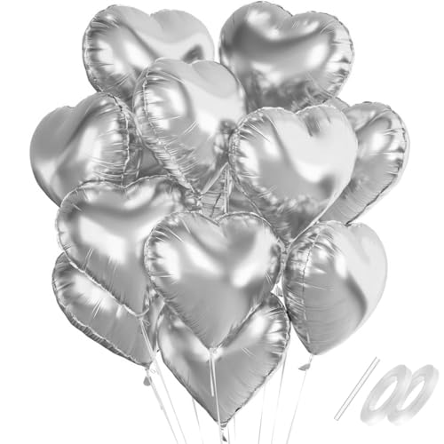 Waziwe [24 Stück] Herzluftballons Silber • 18 Zoll Herz Folienballons Silber Können mit Helium Gefüllt Werden, perfekt für Hochzeitsdeko, Valentinstag Deko Babypartys und Luftballons Geburtstag von waziwe
