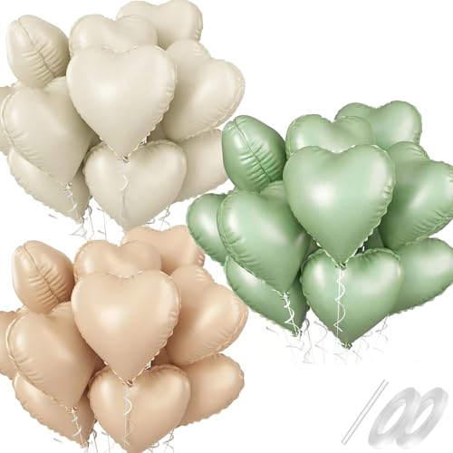 Waziwe [24 Stück] Herzluftballons • 18 Zoll Herz Folienballons Können mit Helium Gefüllt Werden, perfekt für Hochzeitsdeko, Valentinstag Deko Babypartys und Luftballons Geburtstag(Beige Grün) von waziwe