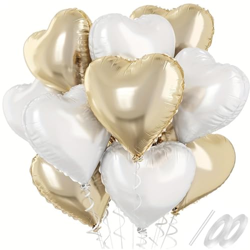 Waziwe [24 Stück] Herzluftballons • 18 Zoll Herz Folienballons Können mit Helium Gefüllt Werden, perfekt für Hochzeitsdeko, Valentinstag Deko Babypartys und Luftballons Geburtstag（Gold Weiß） von waziwe