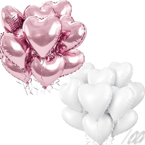 Waziwe [24 Stück] Herzluftballons • 18 Zoll Herz Folienballons Können mit Helium Gefüllt Werden, perfekt für Hochzeitsdeko, Valentinstag Deko Babypartys und Luftballons Geburtstag（Rosa Weiß） von waziwe