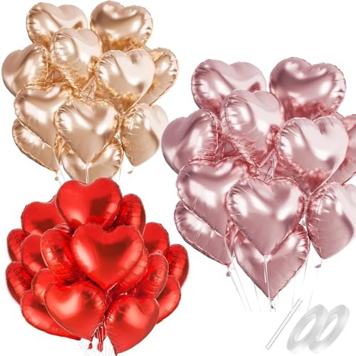 Waziwe [24 Stück] Herzluftballons • 18 Zoll Herz Folienballons Können mit Helium Gefüllt Werden, perfekt für Hochzeitsdeko, Valentinstag Deko Babypartys und Luftballons Geburtstag(Rot Rosa Roségold) von waziwe