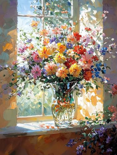 Blumen Fenster 5D Diamond Painting Set Erwachsene Groß, DIY Diamant Painting Kinder, Quadrat Vollbohrer Handbuch Stickerei Bilder 90x120cm Home Wand Wohnzimmer Dekor, Geeignet Als Geschenk. Ni-451 von wcusmmog