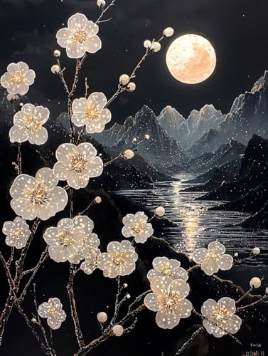 Pflaumenblüte Nachtszene 5D Diamond Painting Set Erwachsene Groß, DIY Diamant Painting Kinder, Quadrat Vollbohrer Handbuch Stickerei 30x40cm Home Wand Wohnzimmer Dekor, Geeignet Als Geschenk. Ni-287 von wcusmmog