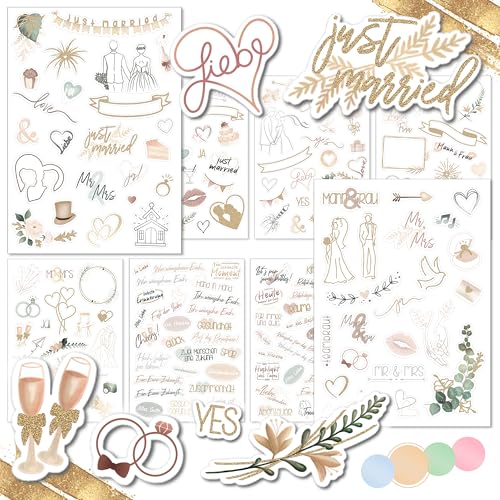 WEDDLYN® – Sticker für die Hochzeit – 180 Aufkleber für Hochzeitsgästebuch – inspirierende Motive – perfektes Sticker Set für Fotoalbum Hochzeit - Pastell Farbe mit Glitzer (beige) von weddlyn