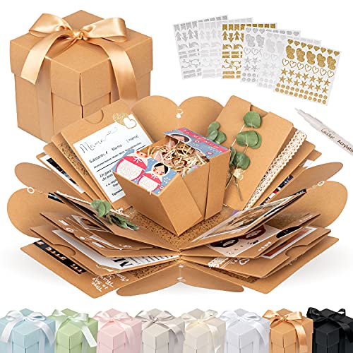 WEDDLYN® – Überraschungsbox – hochwertiges Papier & Verarbeitung – Explosionsbox mit modernen Stickern und Stift – Explosion Box – Foto Pop up Box inkl. Anleitung – braun (matt) von weddlyn