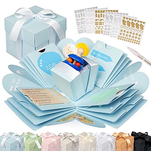 WEDDLYN® – Überraschungsbox – hochwertiges Papier & Verarbeitung – Explosionsbox mit modernen Stickern und Stift – Surprise Box – Geschenk Box Bilder aufklappen inkl. Anleitung – blau (matt) von weddlyn