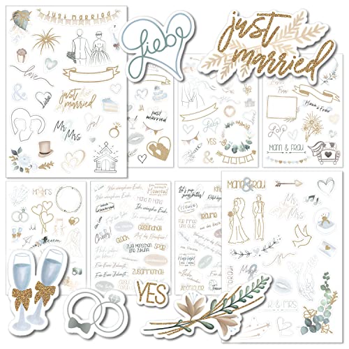 weddlyn® – Aufkleber für die Hochzeit – 180 Sticker für Hochzeit Gästebuch – inspirierende Motive – perfektes Stickerset für Fotoalbum Hochzeit - Pastell Farbe mit Glitzer Sticker (blau) von weddlyn