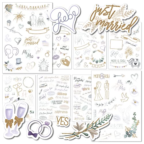 weddlyn® – Aufkleber für die Hochzeit – 180 Stickers für Gästebuch Hochzeit – inspirierende Motive – perfektes Stickerset für Scrapbook Hochzeit - Pastell Farbe mit Glitzer (lila) von weddlyn