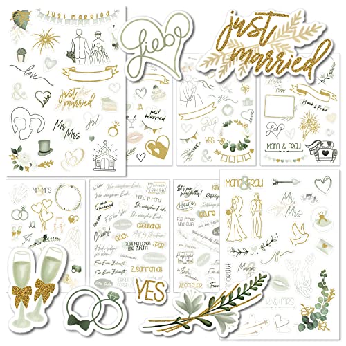 weddlyn® – Sticker für die Hochzeit – 180 Aufkleber für Hochzeits Gästebuch – inspirierende Motive – perfekte Boho Aufkleber für Hochzeitsbuch - Pastell Farbe mit Glitzer (grün) von weddlyn