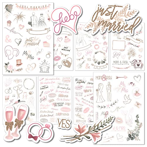 weddlyn® – Sticker für die Hochzeit – 180 Aufkleber für Hochzeitsgästebuch – inspirierende Motive – perfektes Sticker Set für Fotoalbum Hochzeit - farbintensiv mit Glitzer Sticker (rosa) von weddlyn