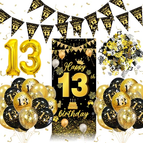 13 Geburtstag Deko, Deko 13. Geburtstag Mädchen Junge, Luftballon 13 Geburtstagsdeko Schwarz Gold, Lange Banner Konfetti & Zahl 13 Ballons für 13 Jahr Teenager 13 Geburtstag Deko, Deko 13. Geburtstag Mädchen Junge, Luftballon 13 Geburtstagsdeko Schwarz Gold, Lange Banner Konfetti & Zahl 13 Ballons für 13 Jahr Teenager von weeyin