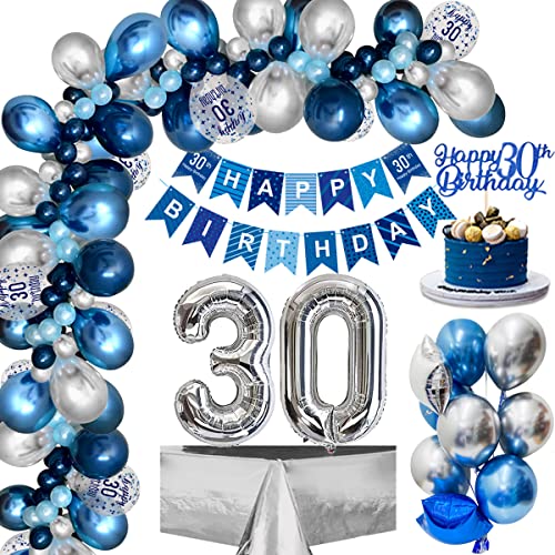 30. Geburtstag Deko, Luftballons 30.Geburtstag Männer mit Blau Silber Luftballons 30. Happy Birthday Banner, Folienballon 30.Konfetti Ballon für Männer Frauen Geburtstagsdeko 30 Jahre Mehrweg von weeyin