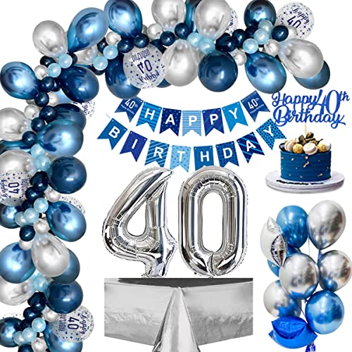 40. Geburtstag Deko, Luftballons 40.Geburtstag Männer mit Blau Silber Luftballons 40. Happy Birthday Banner, Folienballon 40.Konfetti Ballon für Männer Frauen Geburtstagsdeko 40 Jahre Mehrweg von weeyin