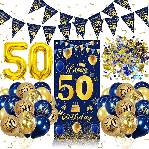 50 Geburtstag Deko Männer,50 Geburtstag Dekorationen Banner Blau Gold,50 Geburtstag Deko Girlande Banner Wimpelkette,Konfetti 50. Geburtstag Deko,50 Jahr Geburtstagdeko,Luftballons 50. Geburtstag von weeyin