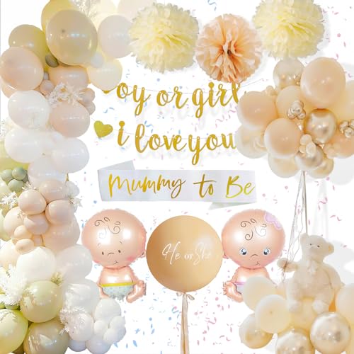 Gender Reveal Party Deko, Baby Shower Deko Geschlecht Offenbaren Ballon Beige Weiß mit Boy Or Girl Banner, Mädchen Oder Junge überraschung Deko, Babyparty Deko Babyparty Ballon für Boy or Girl Deko von weeyin