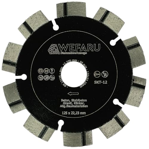 WEFARU Diamantscheibe SKT 12 – Ø 125 mm, 22,23 mm Bohrung – Profi Trennscheibe für Beton, Ziegel, Granit, Mauerwerk – Kurzzahn-Turbo, 12 mm Segmenthöhe – Nass & Trocken – für Winkelschleifer WEFARU Diamantscheibe SKT 12 – Ø 125 mm, 22,23 mm Bohrung – Profi Trennscheibe für Beton, Ziegel, Granit, Mauerwerk – Kurzzahn-Turbo, 12 mm Segmenthöhe – Nass & Trocken – für Winkelschleifer von wefaru
