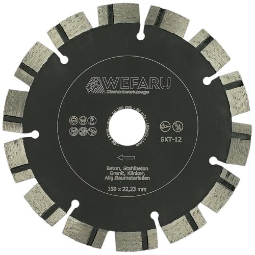 WEFARU Diamantscheibe SKT 12 – Ø 150 mm, 22,23 mm Bohrung – Profi Trennscheibe für Beton, Ziegel, Granit, Mauerwerk – Kurzzahn-Turbo, 12 mm Segmenthöhe – Nass & Trocken – für Winkelschleifer WEFARU Diamantscheibe SKT 12 – Ø 150 mm, 22,23 mm Bohrung – Profi Trennscheibe für Beton, Ziegel, Granit, Mauerwerk – Kurzzahn-Turbo, 12 mm Segmenthöhe – Nass & Trocken – für Winkelschleifer von wefaru