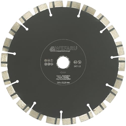 WEFARU Diamantscheibe SKT 12 – Ø 230 mm, 22,23 mm Bohrung – Profi Trennscheibe für Stahlbeton, Ziegel, Granit, Mauerwerk – Kurzzahn-Turbo, 12 mm Segmenthöhe – Nass & Trocken – für Winkelschleifer WEFARU Diamantscheibe SKT 12 – Ø 230 mm, 22,23 mm Bohrung – Profi Trennscheibe für Stahlbeton, Ziegel, Granit, Mauerwerk – Kurzzahn-Turbo, 12 mm Segmenthöhe – Nass & Trocken – für Winkelschleifer von wefaru