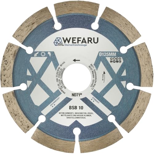 WEFARU Diamanttrennscheibe BSB 10 Ø 125 mm – Universal-Trennscheibe mit 10 mm Segmenthöhe – für Beton, Ziegel, Kalksandstein – Nass- & Trockenschnitt – Ø 125 x 22,23 mm WEFARU Diamanttrennscheibe BSB 10 Ø 125 mm – Universal-Trennscheibe mit 10 mm Segmenthöhe – für Beton, Ziegel, Kalksandstein – Nass- & Trockenschnitt – Ø 125 x 22,23 mm von wefaru