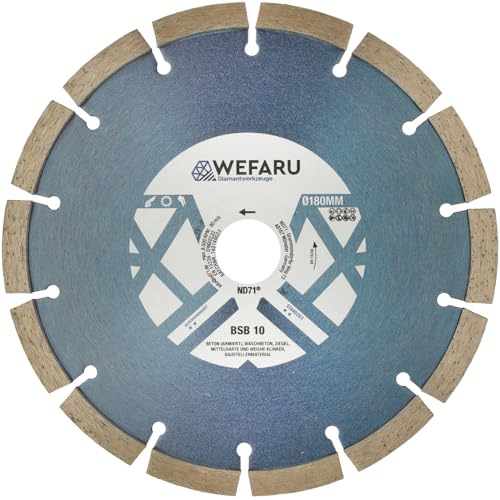 WEFARU Diamanttrennscheibe BSB 10 Ø 180 mm – Universal-Trennscheibe mit 10 mm Segmenthöhe – für Beton, Ziegel, Kalksandstein – Nass- & Trockenschnitt – Ø 180 x 22,23 mm WEFARU Diamanttrennscheibe BSB 10 Ø 180 mm – Universal-Trennscheibe mit 10 mm Segmenthöhe – für Beton, Ziegel, Kalksandstein – Nass- & Trockenschnitt – Ø 180 x 22,23 mm von wefaru