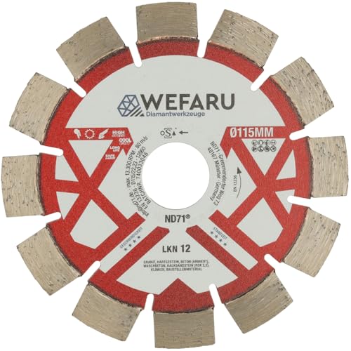 WEFARU Diamanttrennscheibe LKN 12 Ø 115 mm, 22,23 mm Bohrung – Kurzzahn-Segmente – für Granit, Beton, Klinker – Nass & Trocken WEFARU Diamanttrennscheibe LKN 12 Ø 115 mm, 22,23 mm Bohrung – Kurzzahn-Segmente – für Granit, Beton, Klinker – Nass & Trocken von wefaru