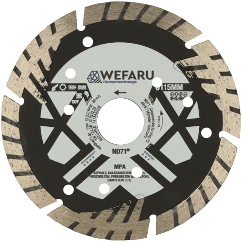 WEFARU Diamanttrennscheibe MPA Ø 115 mm, 22,23 mm Bohrung – Spezial-Scheibe für abrasive Baustoffe wie Porenbeton, Kalksandstein & Asphalt von wefaru
