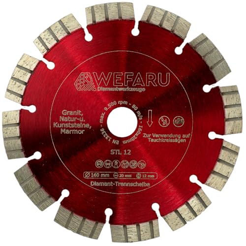 WEFARU Diamanttrennscheibe STL 12 Ø 160 mm – 20,0 mm Bohrung – Profi Trennscheibe für Granit, Quarzit, Naturstein – Leisekern – Turbo-Segmente – Nass & Trocken – für Winkelschleifer, Handsägen WEFARU Diamanttrennscheibe STL 12 Ø 160 mm – 20,0 mm Bohrung – Profi Trennscheibe für Granit, Quarzit, Naturstein – Leisekern – Turbo-Segmente – Nass & Trocken – für Winkelschleifer, Handsägen von wefaru