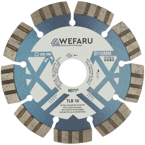WEFARU Diamanttrennscheibe TLB 10 Ø 115 mm – Turbo-Segmente, 22,23 mm Bohrung, 10 mm Segmenthöhe – Profi-Trennscheibe für Beton, Ziegel, Waschbeton, Kalksandstein – Nass- & Trockenschnitt WEFARU Diamanttrennscheibe TLB 10 Ø 115 mm – Turbo-Segmente, 22,23 mm Bohrung, 10 mm Segmenthöhe – Profi-Trennscheibe für Beton, Ziegel, Waschbeton, Kalksandstein – Nass- & Trockenschnitt von wefaru