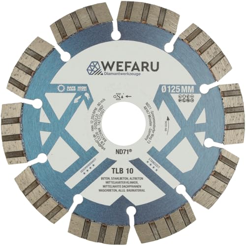 WEFARU Diamanttrennscheibe TLB 10 Ø 125 mm – Turbo-Segmente, 22,23 mm Bohrung, 10 mm Segmenthöhe – Profi-Trennscheibe für Beton, Ziegel, Waschbeton, Kalksandstein – Nass- & Trockenschnitt WEFARU Diamanttrennscheibe TLB 10 Ø 125 mm – Turbo-Segmente, 22,23 mm Bohrung, 10 mm Segmenthöhe – Profi-Trennscheibe für Beton, Ziegel, Waschbeton, Kalksandstein – Nass- & Trockenschnitt von wefaru